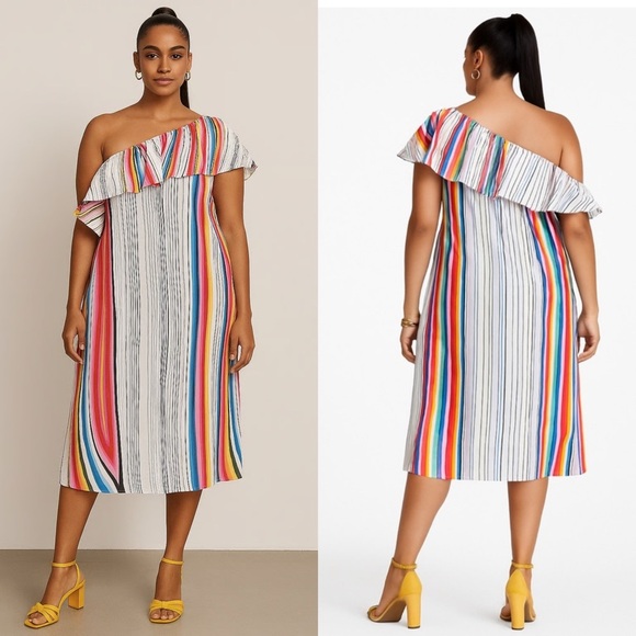 RACHEL ROY Rainbow Stripe Asymmetric Ruffle‎ 1 Shoulder Sleeveless Midi Dress 3X - Picture 2 of 6